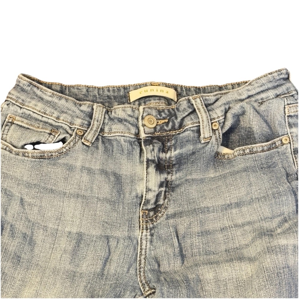 Eunina Women's Mid Rise Bootcut Blue Denim‎ Jeans Stretch 5-Pocket Raw Hem Sz 28 - Picture 3 of 14